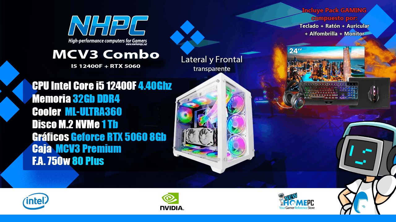Combo PC Gaming NHPC MCV3 - I5 12400F - 32GB - 1TB - RTX 5060 - Monitor - Periféricos